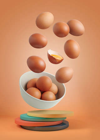 Brown eggs in the air on a brown background.