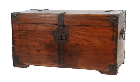 A closeup shot of a wooden vintage trunk isolated on a white background