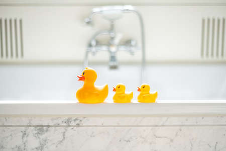 A selective focus shot of cute yellow rubber bath ducks in a row in a bathroom