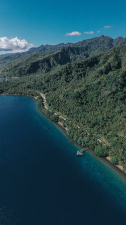 Amazing  Aerial Shot of a Small Village with an Ocean View in the Philippines Surrounded with great...