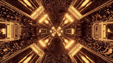 A futuristic science-fiction round pixelated tunnel corridor with brown and gold lightsの写真素材