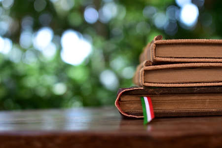 A closeup of a stack of old books with a Mexican flag bookmark on the table in a gardenの写真素材