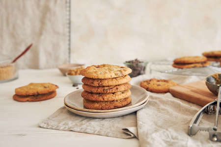 A pile of delicious chocolate chips cookiesの写真素材