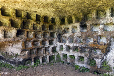 A park with old rock structures in Sutri, Viterbo, Italyの写真素材