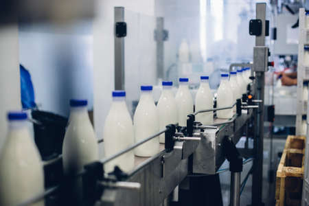 A selective focus shot of complete milk bottling line in a factoryの写真素材