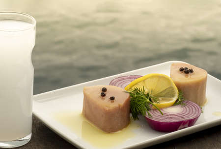 A closeup traditional Turkish appetizer Lakerda with tuna, lemons and a red onionの写真素材