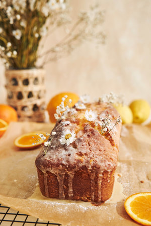 A vertical closeup shot of delicious summer orange cake with flowers on a white tableの写真素材