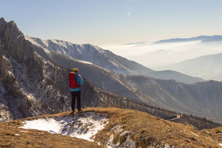 A back view of a hiker looking at the view from a snowy mountain peak