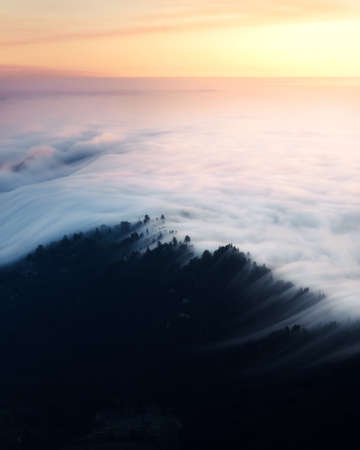 A mesmerizing shot of clouds covering the peaks of tree-covered mountains