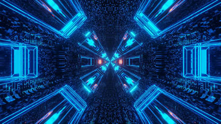 A futuristic science-fiction tunnel corridor with lines and neon blue and red lights