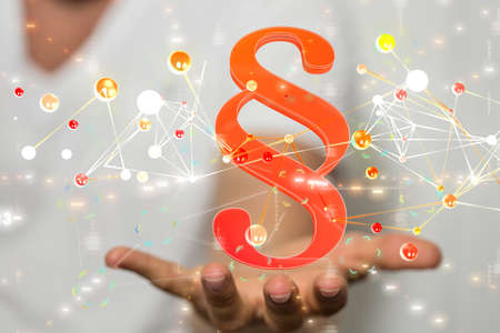 A closeup shot of a man holding a graphic orange section sign on a white backgroundの写真素材