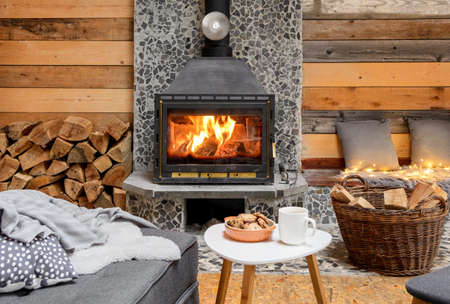A cozy cabin interior with a burning firepla