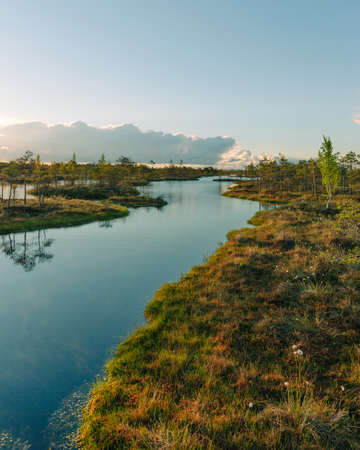 A beautiful view of the river and the green nature under the blue sky ar sunrise