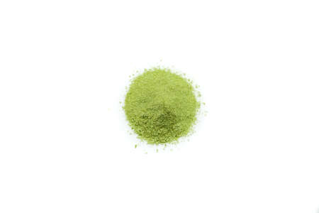 Cenital view of heap green matcha powders isolated on white background.の写真素材