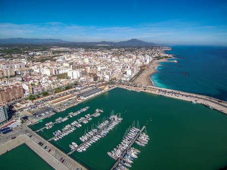 An aerial view of the cityscape near the beach in Vinaros, Castellon, Spainの写真素材