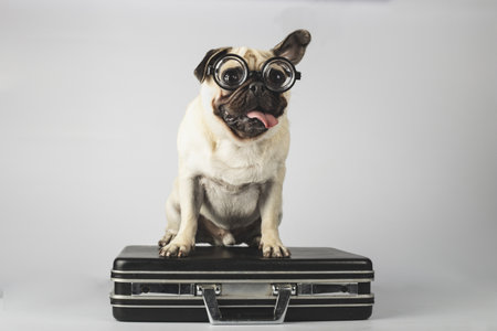 An adorable pug with glasses standing on a suitcase on a gray backgroundの写真素材