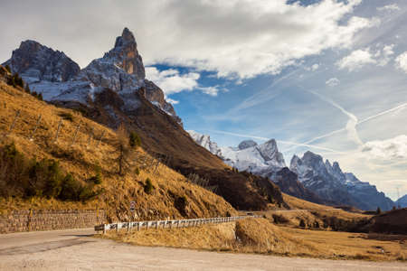 A Passo Rolle with Pale di San Martino and peak Cimon della Pala in the background.の写真素材