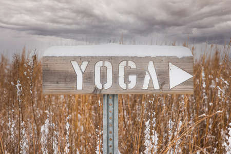 A wooden Yoga sign covered in snow by a grass-covered field