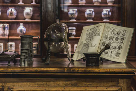 PRAGUE, CZECH REPUBLIC - Aug 15, 2018: Detail of the objects of an old pharmacyの写真素材