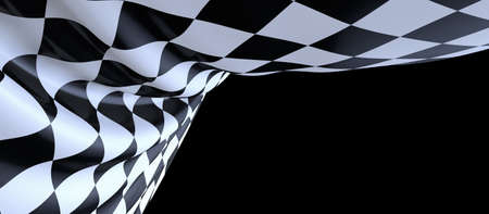 A panoramic shot of a finish line flag on a black background