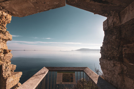 The mesmerizing view from the balcony of Sandsfoot castle looking at Portland in the distanceのeditorial素材