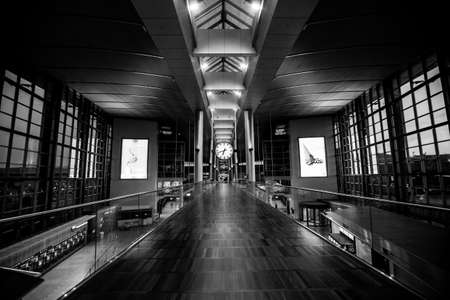COPENHAGEN, DENMARK - Mar 29, 2020: Copenhagen Airport Terminal 3, view from bridge connecting Metro train station and security check-inのeditorial素材