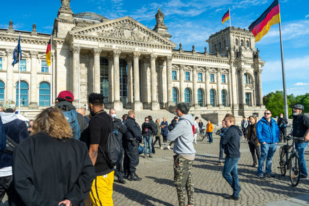 BERLIN, GERMANY - May 01, 2020: Demo in Berlin because Covid-19 Corona with Policeのeditorial素材