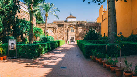 SEVILHA, SPAIN - Jul 30, 2020: Beautiful amazing gardens in Royal Alcazar Reales Alcazares de...
