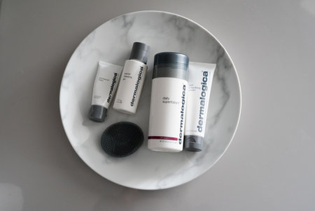 LONDON, UNITED KINGDOM - Oct 20, 2019: Dermalogica skin products  on plateのeditorial素材