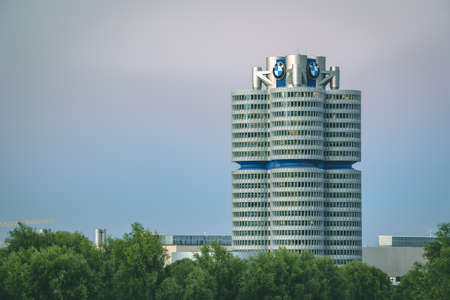 MUNICH, GERMANY - Sep 01, 2020: BMW headquarters in Munich. Modern skyscraper of the Bavarian automobile company in the evening.のeditorial素材