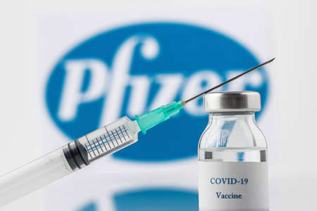 TEO, SPAIN - Dec 21, 2020: Teo, Spain; December 21, 2020: Pfizer Covid-19 vaccine concept. Close-up...