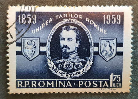 SOVATA, ROMANIA - Jul 02, 2020: Old postage stamp from Romania circa 1959 shows Alexandru Ioan Cuza - the unification of the Romanian countriesのeditorial素材