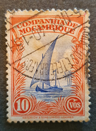 SOVATA, ROMANIA - Jul 02, 2020: Old postage stamp from Mozambique circa 1937 shows a sailing boat, rareのeditorial素材