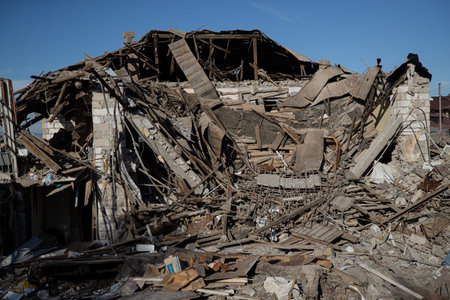 STEPANAKERT, ARTSAKH - Nov 05, 2020: A house ruined during a missile strike on Stepanakert by...