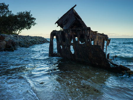 Old Shipwreck near Brisbane City, Queensland at sunsetの写真素材