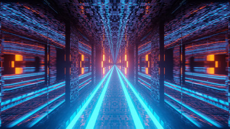 A 3D illustration of a futuristic scifi tunnel with lines and red, blue and orange neon lights, good for background wallpaperの写真素材