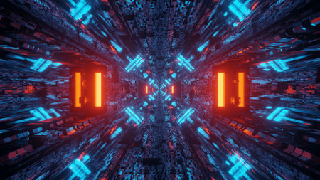 A 3D illustration of a futuristic scifi tunnel with lines and red, blue and orange neon lights, good for background wallpaperの写真素材