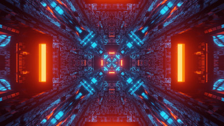 A 3D illustration of a futuristic scifi tunnel with lines and red, blue and orange neon lights, good for background wallpaperの写真素材