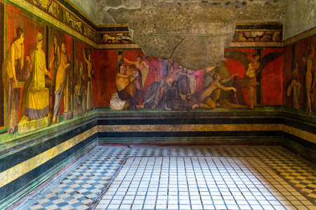 A painting on the wall of the Villa of Mysteries in Pompei, Italyの写真素材