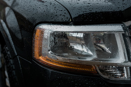 A closeup shot of the front lights of a car covered by raindropsの写真素材