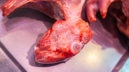 A dead skinned rabbit for sale in a butcher shopの写真素材