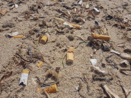 A closeup shot of used cigarettes on the sand in the beach - pollution conceptの写真素材