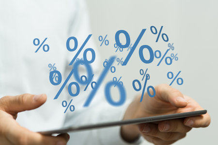 hand touches virtual percent iconの写真素材