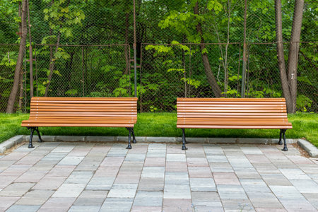 A shot of two free benches in a park surrounded by fresh green grass
