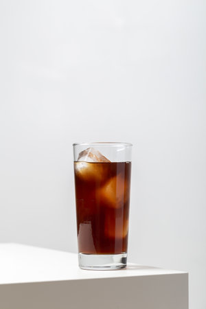 A vertical closeup of a glass of ice tea on the table under the lights against a white backgroundの写真素材