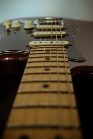 A vertical closeup shot of the strings of an electric guitar