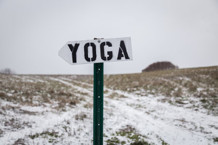 A sign with [YOGA] written on it on a hill covered in the snow under a cloudy sky at daytimeの写真素材