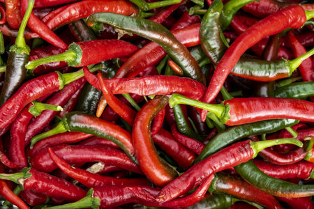 A high angle closeup of chilli peppers on the table under the lightsの写真素材