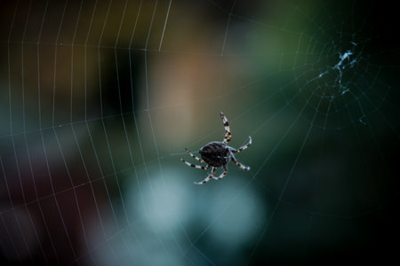 A closeup selective focus shot of a black spider walking on a web