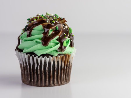 A closeup of a delicious chocolate cupcake with mint green cream on top against a grey background - perfect wallpaper for patisserieの写真素材